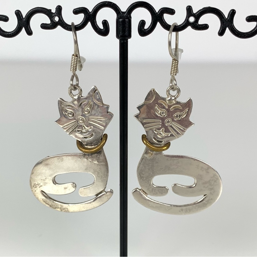 Sterling Silver Earrings Cats Brass Collar Vtg Stamp 925 Mexico TG-194 Cat Lover